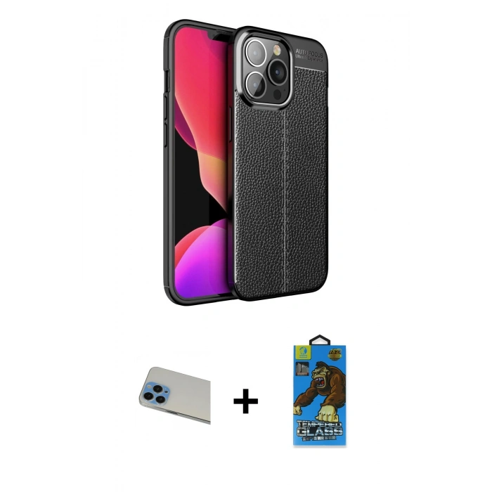 MARSİLYAN™- iPhone 13 Pro Max Kılıf Doruk Klasik Özel Seri - Siyah 18D Cam Ekran Koruyucu + Rainbow Kamera Lens Koruma Cam - MI