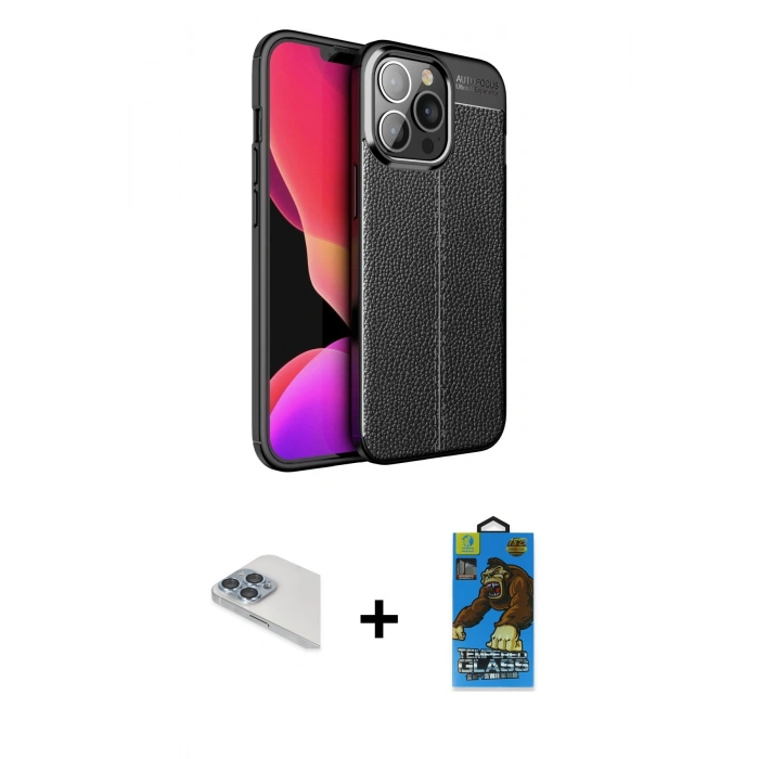 MARSİLYAN™- iPhone 13 Pro Max Kılıf Doruk Klasik Özel Seri - Siyah 18D Cam Ekran Koruyucu + Pers Alüminyum Kamera Lens - SABE
