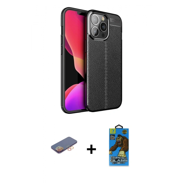 MARSİLYAN™- iPhone 13 Pro Max Kılıf Doruk Klasik Özel Seri - Siyah 18D Cam Ekran Koruyucu + Renkli Kamera Lens Koruma Cam - TU