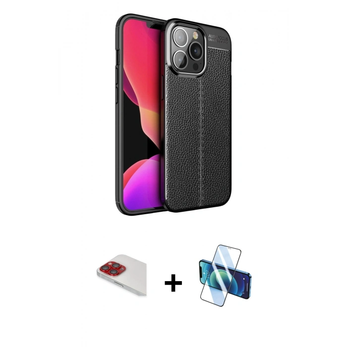 MARSİLYAN™- iPhone 13 Pro Max Kılıf Doruk Klasik Özel Seri - Siyah 3D Antistatik Cam Ekran Koruyucu + Pers Alüminyum Kamera Lens - KI