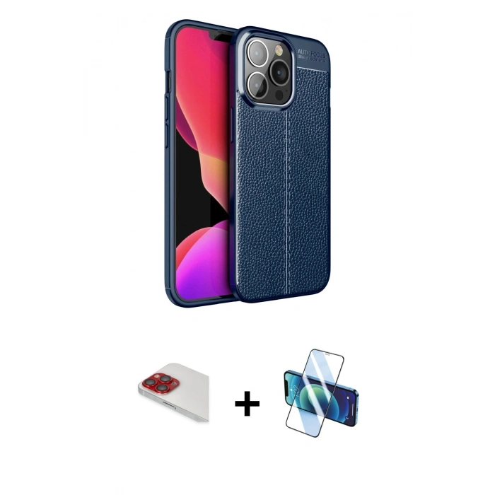 MARSİLYAN™- iPhone 13 Pro Max Kılıf Doruk Klasik Özel Seri - Siyah 3D Antistatik Cam Ekran Koruyucu + Pers Alüminyum Kamera Lens - KI