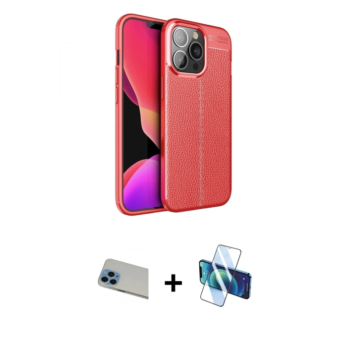 MARSİLYAN™- iPhone 13 Pro Max Kılıf Doruk Klasik Özel Seri - Siyah 3D Antistatik Cam Ekran Koruyucu + Rainbow Kamera Lens Koruma Cam - MI