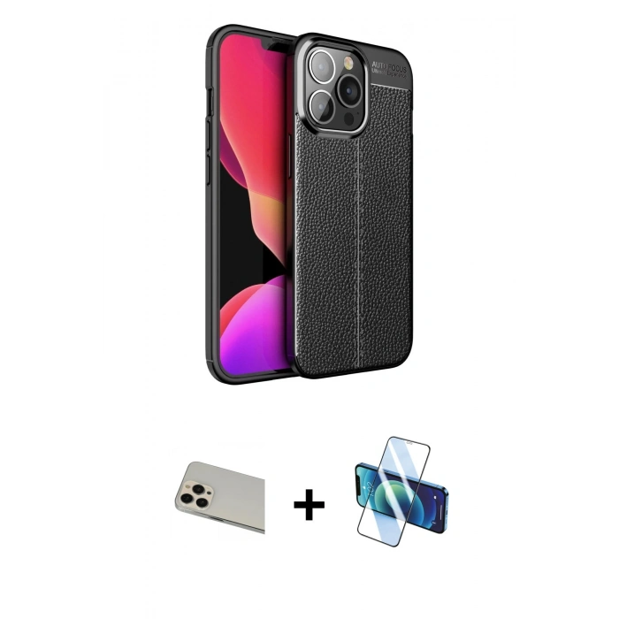 MARSİLYAN™- iPhone 13 Pro Max Kılıf Doruk Klasik Özel Seri - Siyah 3D Antistatik Cam Ekran Koruyucu + Rainbow Kamera Lens Koruma Cam - REGD
