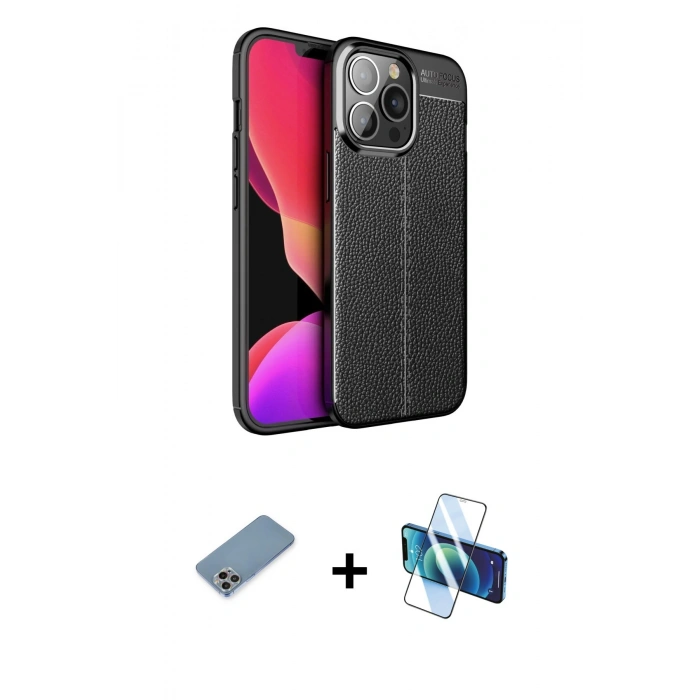 MARSİLYAN™- iPhone 13 Pro Max Kılıf Doruk Klasik Özel Seri - Siyah 3D Antistatik Cam Ekran Koruyucu + Shine Kamera Lens Koruma Cam - GI