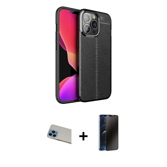 MARSİLYAN™- iPhone 13 Pro Max Kılıf Doruk Klasik Özel Seri - Siyah 3D Antistatik Hayalet Cam Ekran Koruyucu + Rainbow Kamera Lens Koruma Cam - MI