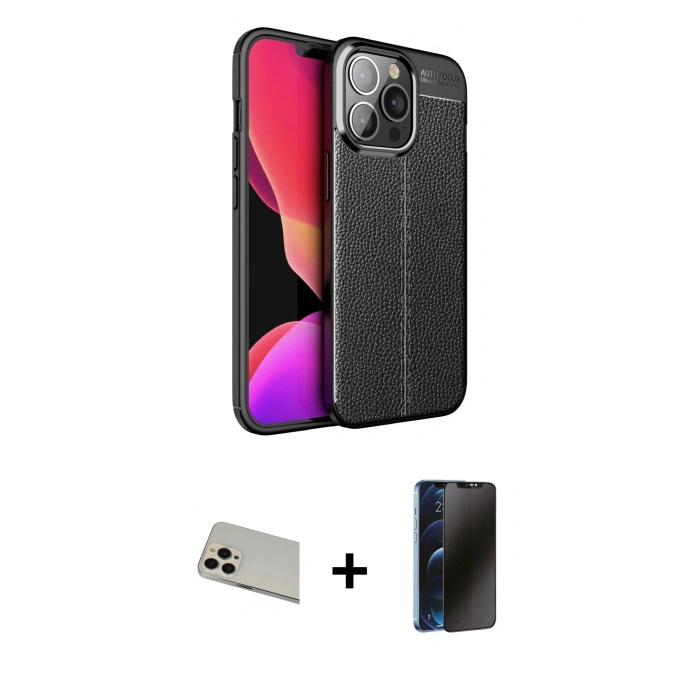 MARSİLYAN™- iPhone 13 Pro Max Kılıf Doruk Klasik Özel Seri - Siyah 3D Antistatik Hayalet Cam Ekran Koruyucu + Rainbow Kamera Lens Koruma Cam - REGD
