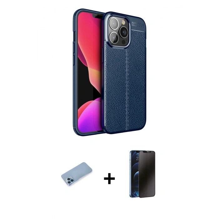 MARSİLYAN™- iPhone 13 Pro Max Kılıf Doruk Klasik Özel Seri - Siyah 3D Antistatik Hayalet Cam Ekran Koruyucu + Shine Kamera Lens Koruma Cam - MI