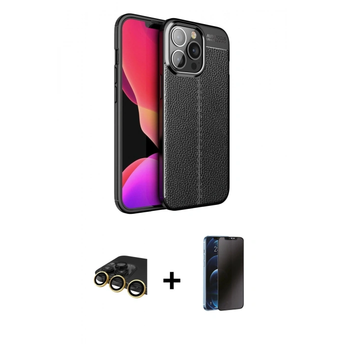 MARSİLYAN™- iPhone 13 Pro Max Kılıf Doruk Klasik Özel Seri - Siyah 3D Antistatik Hayalet Cam Ekran Koruyucu + Raze Metal Kamera Lens - GD