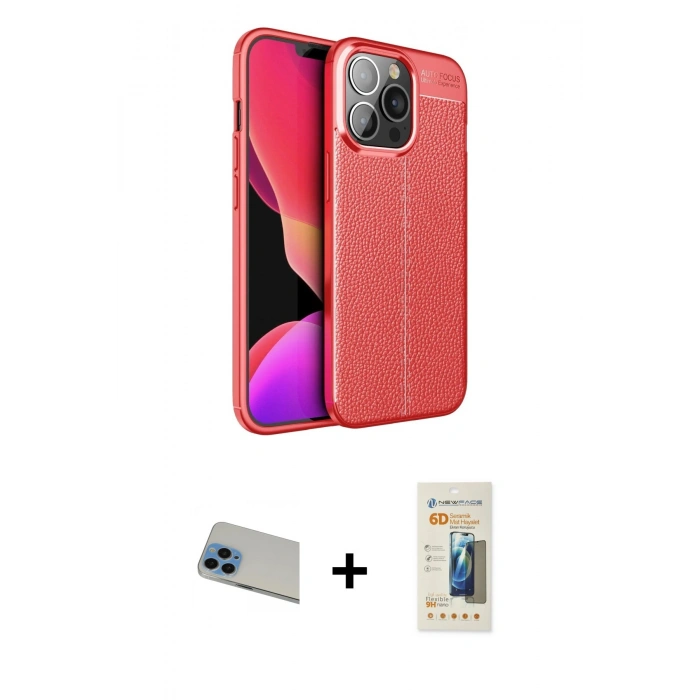 MARSİLYAN™- iPhone 13 Pro Max Kılıf Doruk Klasik Özel Seri - Siyah 6D Mat Seramik Hayalet Nano Ekran Koruyucu + Rainbow Kamera Lens Koruma Cam - MI