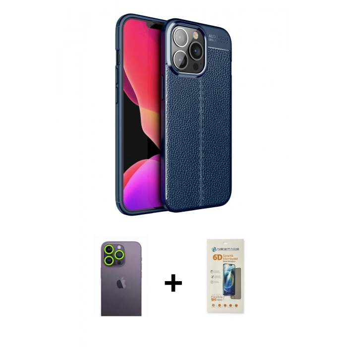 MARSİLYAN™- iPhone 13 Pro Max Kılıf Doruk Klasik Özel Seri - Siyah 6D Mat Seramik Hayalet Nano Ekran Koruyucu + Neon Fosforlu Kamera Lens - YL
