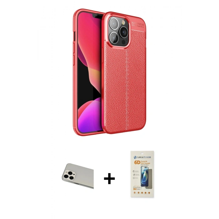 MARSİLYAN™- iPhone 13 Pro Max Kılıf Doruk Klasik Özel Seri - Siyah 6D Mat Seramik Hayalet Nano Ekran Koruyucu + Rainbow Kamera Lens Koruma Cam - BZ