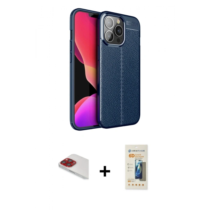 MARSİLYAN™- iPhone 13 Pro Max Kılıf Doruk Klasik Özel Seri - Siyah 6D Mat Seramik Hayalet Nano Ekran Koruyucu + Pers Alüminyum Kamera Lens - KI