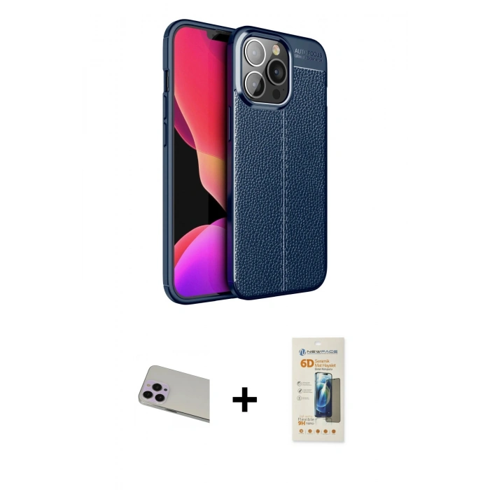 MARSİLYAN™- iPhone 13 Pro Max Kılıf Doruk Klasik Özel Seri - Siyah 6D Mat Seramik Hayalet Nano Ekran Koruyucu + Rainbow Kamera Lens Koruma Cam - MR