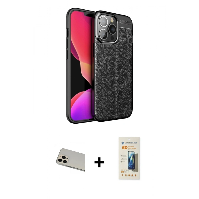 MARSİLYAN™- iPhone 13 Pro Max Kılıf Doruk Klasik Özel Seri - Siyah 6D Mat Seramik Hayalet Nano Ekran Koruyucu + Rainbow Kamera Lens Koruma Cam - REGD