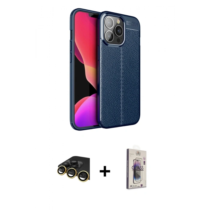 MARSİLYAN™- iPhone 13 Pro Max Kılıf Doruk Klasik Özel Seri - Siyah Bilvis 3D Cam Ekran Koruyucu + Raze Metal Kamera Lens - GD