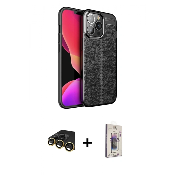 MARSİLYAN™- iPhone 13 Pro Max Kılıf Doruk Klasik Özel Seri - Siyah Bilvis 3D Cam Ekran Koruyucu + Raze Metal Kamera Lens - GD