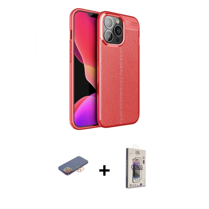 MARSİLYAN™- iPhone 13 Pro Max Kılıf Doruk Klasik Özel Seri - Siyah Bilvis 3D Cam Ekran Koruyucu + Renkli Kamera Lens Koruma Cam - TU