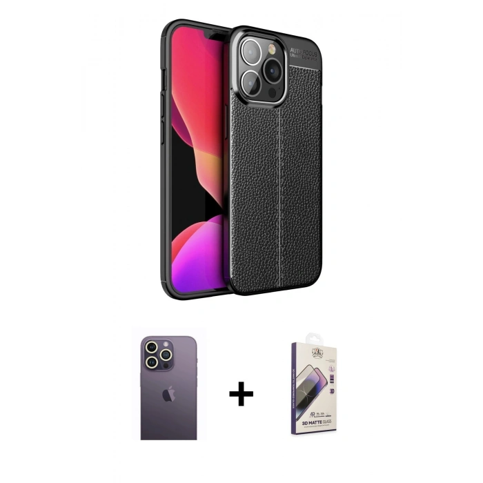 MARSİLYAN™- iPhone 13 Pro Max Kılıf Doruk Klasik Özel Seri - Siyah Bilvis 3D Mat Cam Ekran Koruyucu + Neon Fosforlu Kamera Lens - BZ