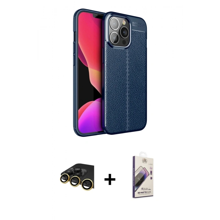 MARSİLYAN™- iPhone 13 Pro Max Kılıf Doruk Klasik Özel Seri - Siyah Bilvis 3D Mat Cam Ekran Koruyucu + Raze Metal Kamera Lens - GD