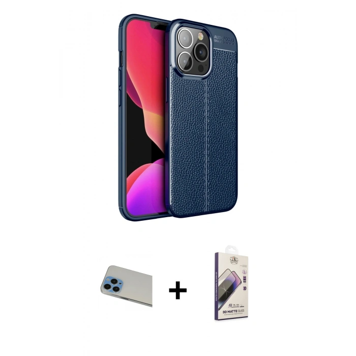 MARSİLYAN™- iPhone 13 Pro Max Kılıf Doruk Klasik Özel Seri - Siyah Bilvis 3D Mat Cam Ekran Koruyucu + Rainbow Kamera Lens Koruma Cam - MI
