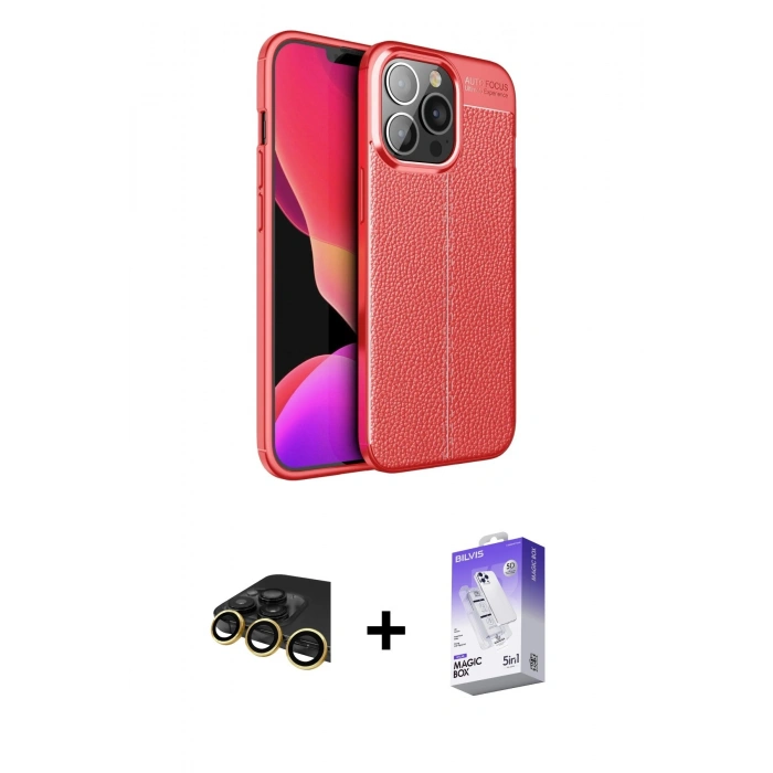 MARSİLYAN™- iPhone 13 Pro Max Kılıf Doruk Klasik Özel Seri - Siyah Bilvis 5in1 3D Magic Cam Ekran Koruyucu + Raze Metal Kamera Lens - GD