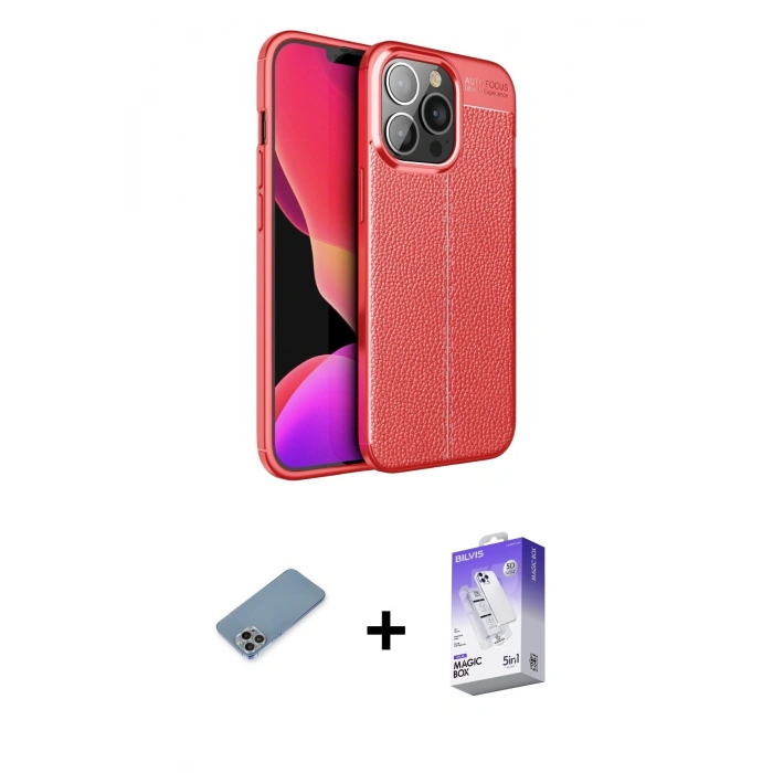 MARSİLYAN™- iPhone 13 Pro Max Kılıf Doruk Klasik Özel Seri - Siyah Bilvis 5in1 3D Magic Cam Ekran Koruyucu + Shine Kamera Lens Koruma Cam - GI