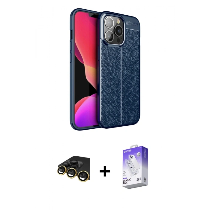 MARSİLYAN™- iPhone 13 Pro Max Kılıf Doruk Klasik Özel Seri - Siyah Bilvis 5in1 3D Magic Cam Ekran Koruyucu + Raze Metal Kamera Lens - GD