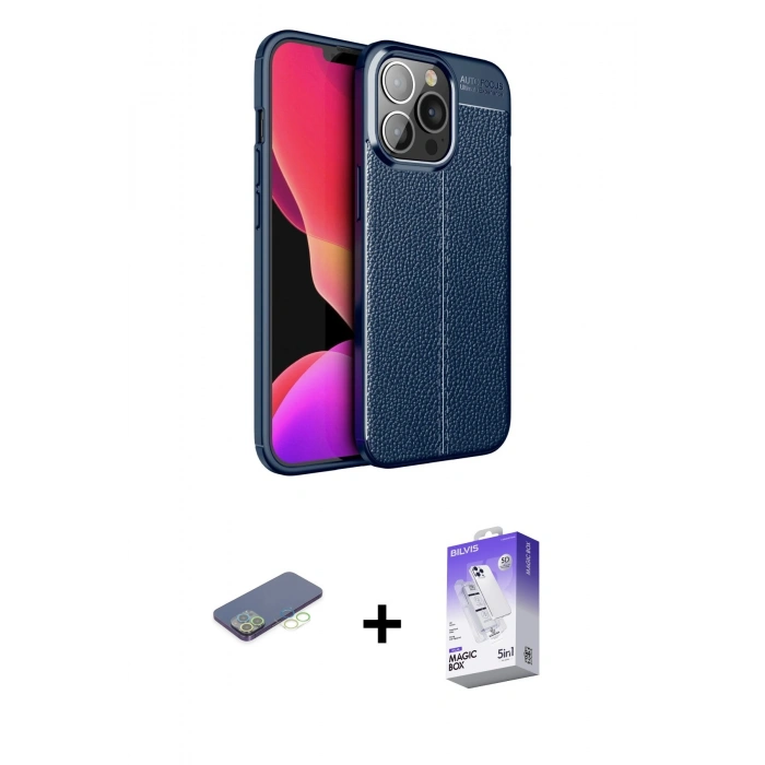 MARSİLYAN™- iPhone 13 Pro Max Kılıf Doruk Klasik Özel Seri - Siyah Bilvis 5in1 3D Magic Cam Ekran Koruyucu + Renkli Kamera Lens Koruma Cam - YL