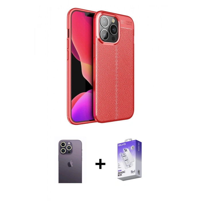 MARSİLYAN™- iPhone 13 Pro Max Kılıf Doruk Klasik Özel Seri - Siyah Bilvis 5in1 3D Magic Cam Ekran Koruyucu + Neon Fosforlu Kamera Lens - BZ