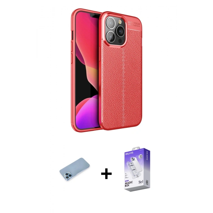 MARSİLYAN™- iPhone 13 Pro Max Kılıf Doruk Klasik Özel Seri - Siyah Bilvis 5in1 3D Magic Cam Ekran Koruyucu + Shine Kamera Lens Koruma Cam - MI