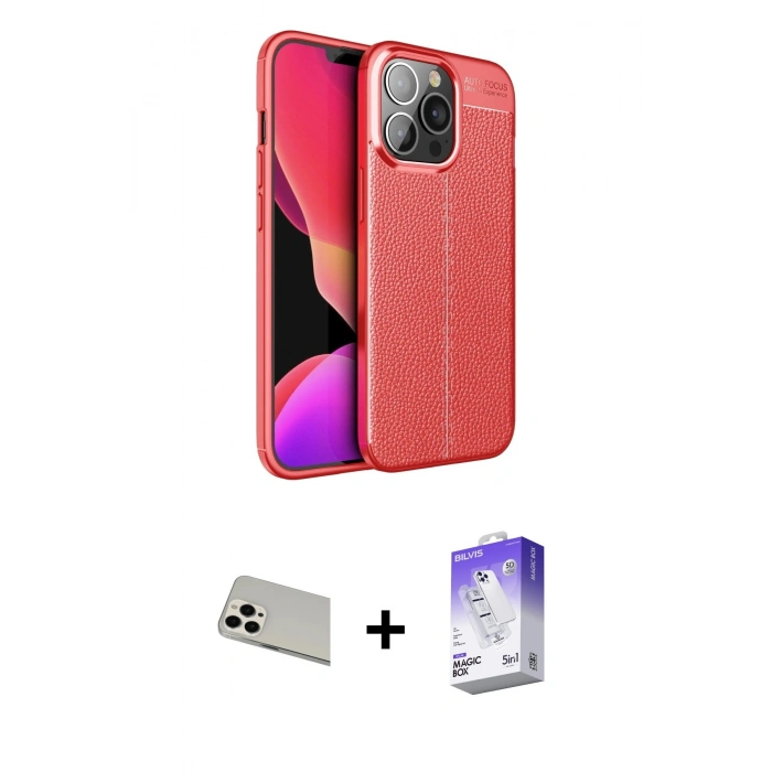 MARSİLYAN™- iPhone 13 Pro Max Kılıf Doruk Klasik Özel Seri - Siyah Bilvis 5in1 3D Magic Cam Ekran Koruyucu + Beyaz Rainbow Kamera Lens Koruma Cam