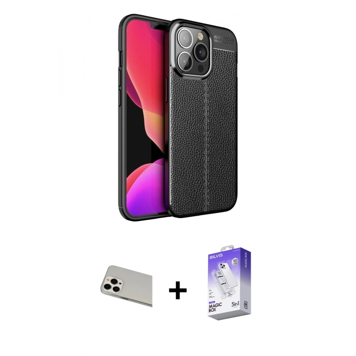 MARSİLYAN™- iPhone 13 Pro Max Kılıf Doruk Klasik Özel Seri - Siyah Bilvis 5in1 3D Magic Cam Ekran Koruyucu + Beyaz Rainbow Kamera Lens Koruma Cam