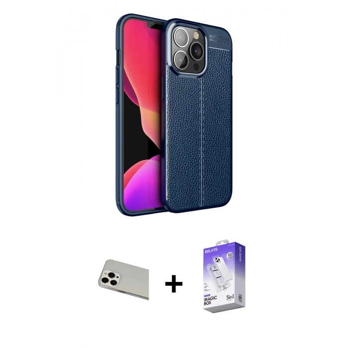 MARSİLYAN™- iPhone 13 Pro Max Kılıf Doruk Klasik Özel Seri - Siyah Bilvis 5in1 3D Magic Cam Ekran Koruyucu + Beyaz Rainbow Kamera Lens Koruma Cam