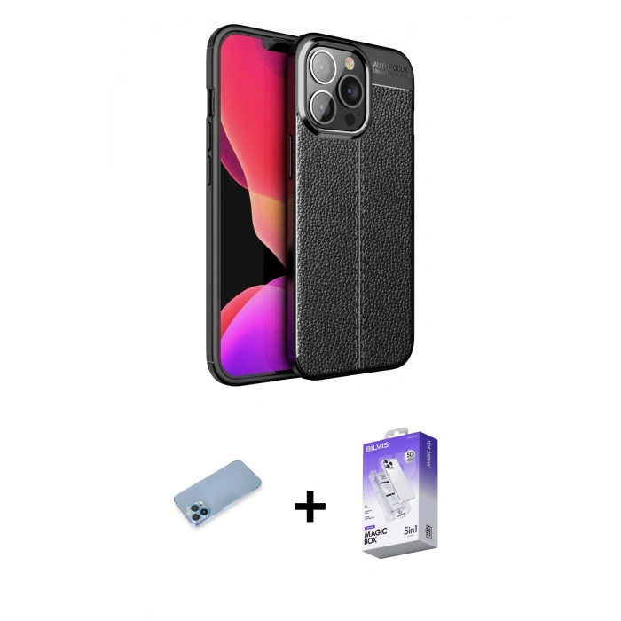 MARSİLYAN™- iPhone 13 Pro Max Kılıf Doruk Klasik Özel Seri - Siyah Bilvis 5in1 3D Magic Cam Ekran Koruyucu + Shine Kamera Lens Koruma Cam - MI