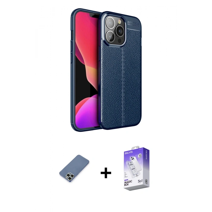 MARSİLYAN™- iPhone 13 Pro Max Kılıf Doruk Klasik Özel Seri - Siyah Bilvis 5in1 3D Magic Cam Ekran Koruyucu + Metal Kamera Lens Koruma Cam - AKYL
