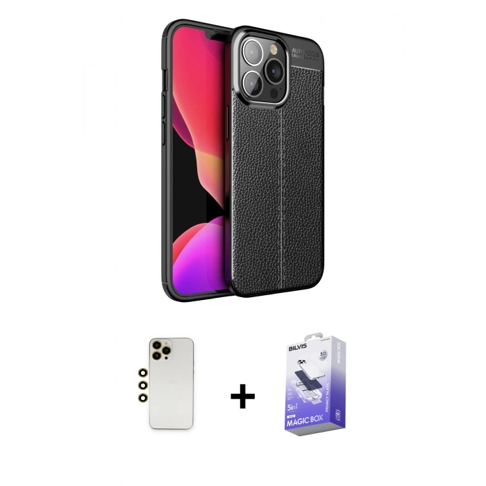 MARSİLYAN™- iPhone 13 Pro Max Kılıf Doruk Klasik Özel Seri - Siyah Bilvis 5in1 5D Magic Hayalet Cam Ekran Koruyucu + Shine Kamera Lens - GD