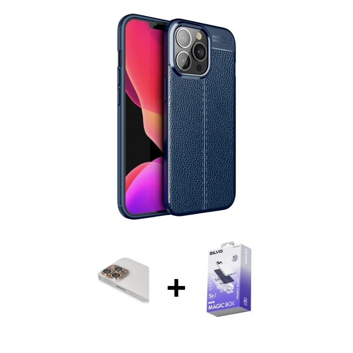 MARSİLYAN™- iPhone 13 Pro Max Kılıf Doruk Klasik Özel Seri - Siyah Bilvis 5in1 5D Magic Hayalet Cam Ekran Koruyucu + Gold Pers Alüminyum Kamera Lens