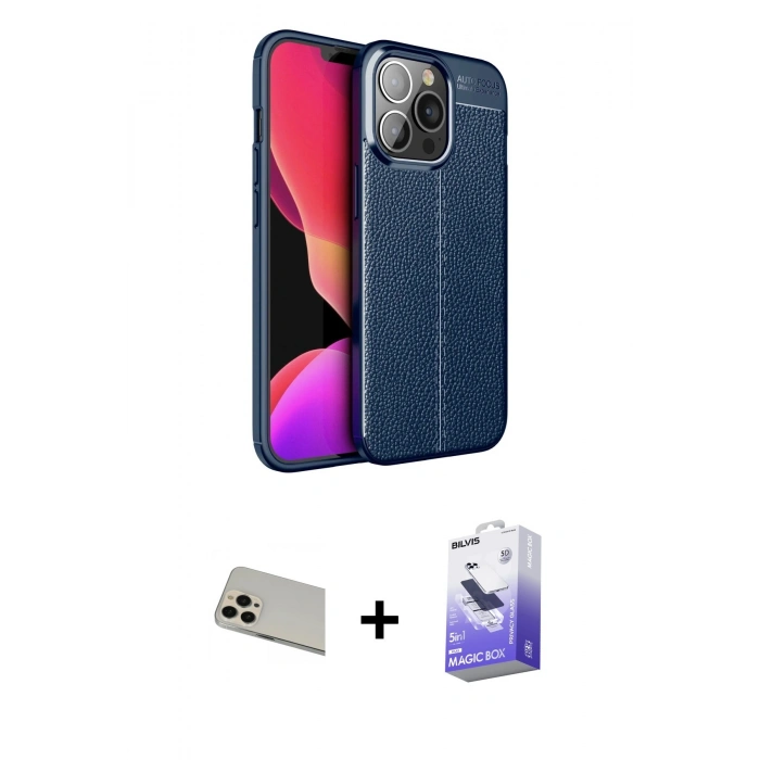 MARSİLYAN™- iPhone 13 Pro Max Kılıf Doruk Klasik Özel Seri - Siyah Bilvis 5in1 5D Magic Hayalet Cam Ekran Koruyucu + Rainbow Kamera Lens Koruma Cam - REGD