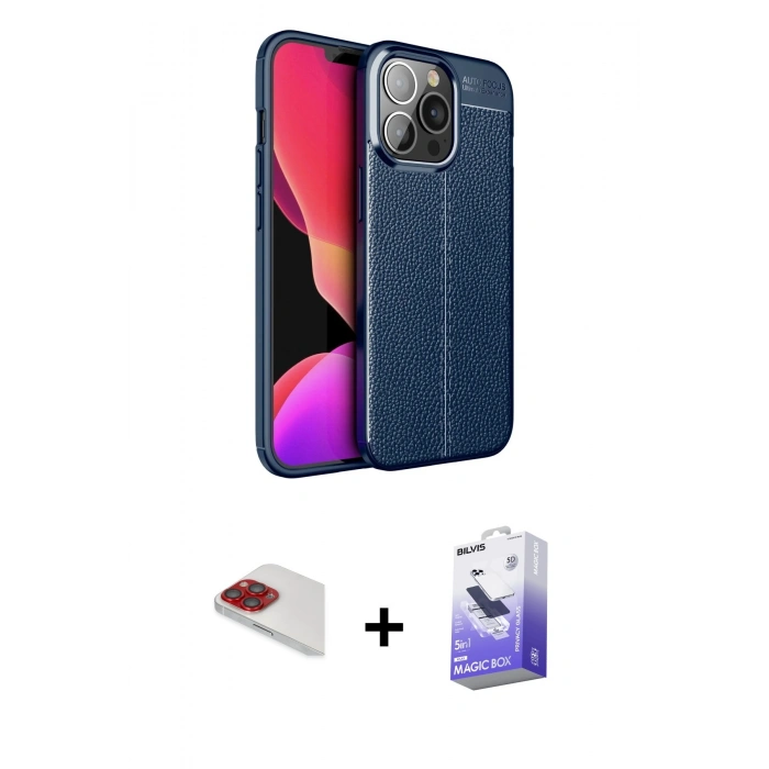 MARSİLYAN™- iPhone 13 Pro Max Kılıf Doruk Klasik Özel Seri - Siyah Bilvis 5in1 5D Magic Hayalet Cam Ekran Koruyucu + Pers Alüminyum Kamera Lens - KI