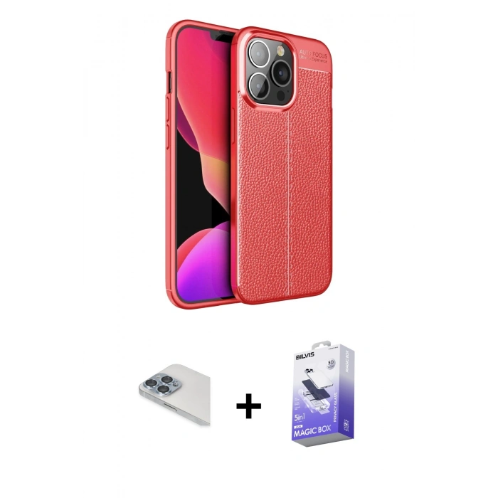 MARSİLYAN™- iPhone 13 Pro Max Kılıf Doruk Klasik Özel Seri - Siyah Bilvis 5in1 5D Magic Hayalet Cam Ekran Koruyucu + Pers Alüminyum Kamera Lens - SABE