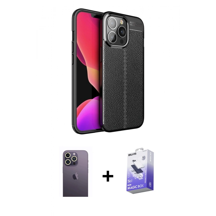MARSİLYAN™- iPhone 13 Pro Max Kılıf Doruk Klasik Özel Seri - Siyah Bilvis 5in1 5D Magic Hayalet Cam Ekran Koruyucu + Beyaz Neon Fosforlu Kamera Lens