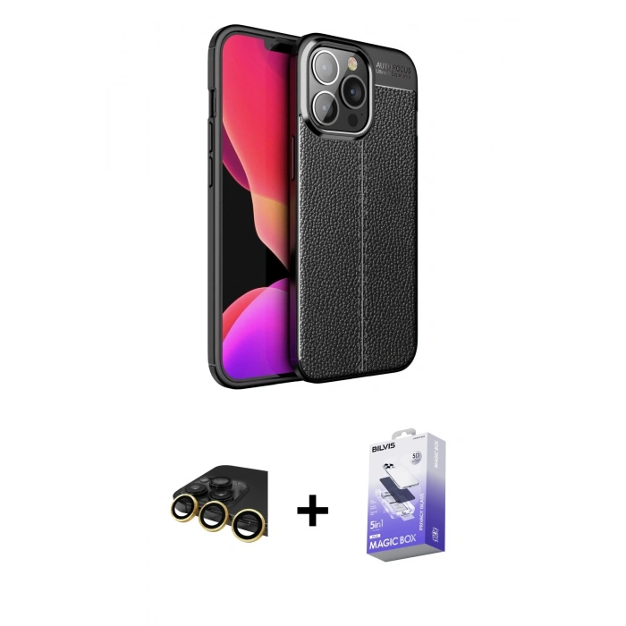 MARSİLYAN™- iPhone 13 Pro Max Kılıf Doruk Klasik Özel Seri - Siyah Bilvis 5in1 5D Magic Hayalet Cam Ekran Koruyucu + Gold Raze Metal Kamera Lens