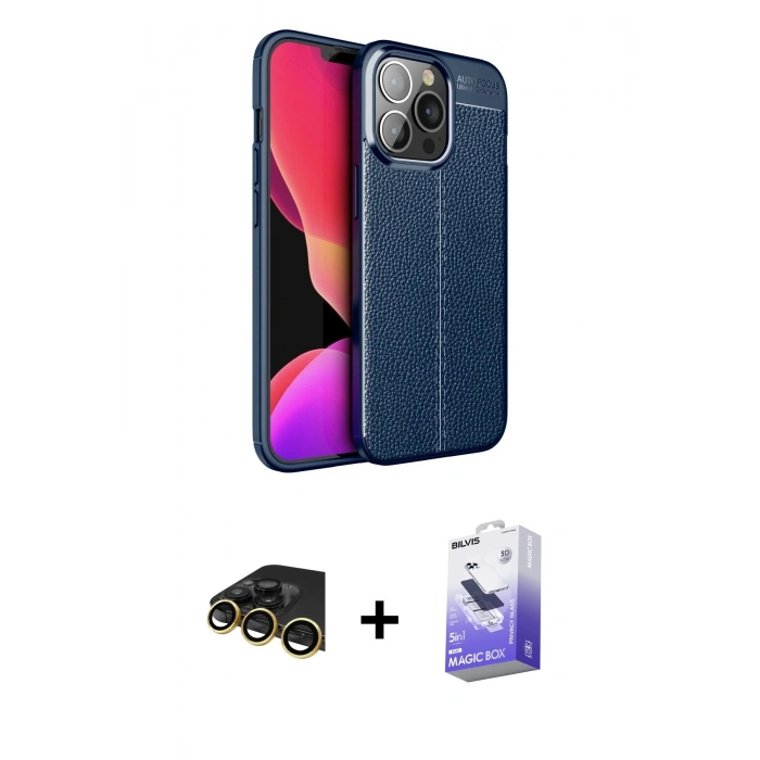 MARSİLYAN™- iPhone 13 Pro Max Kılıf Doruk Klasik Özel Seri - Siyah Bilvis 5in1 5D Magic Hayalet Cam Ekran Koruyucu + Gold Raze Metal Kamera Lens