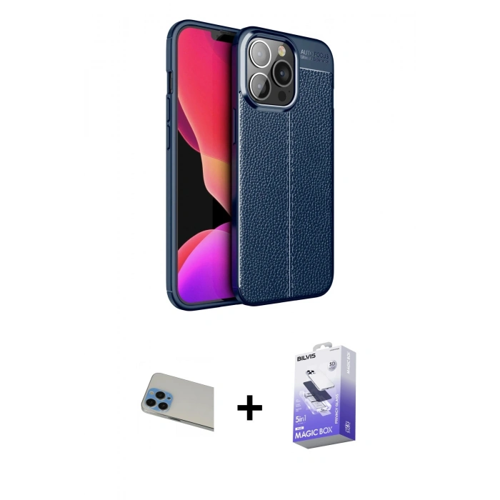 MARSİLYAN™- iPhone 13 Pro Max Kılıf Doruk Klasik Özel Seri - Siyah Bilvis 5in1 5D Magic Hayalet Cam Ekran Koruyucu + Rainbow Kamera Lens Koruma Cam - MI