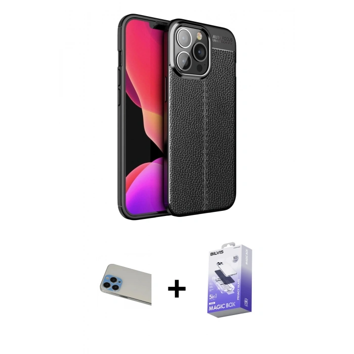 MARSİLYAN™- iPhone 13 Pro Max Kılıf Doruk Klasik Özel Seri - Siyah Bilvis 5in1 5D Magic Hayalet Cam Ekran Koruyucu + Rainbow Kamera Lens Koruma Cam - MI