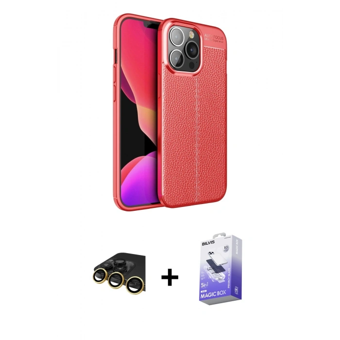 MARSİLYAN™- iPhone 13 Pro Max Kılıf Doruk Klasik Özel Seri - Siyah Bilvis 5in1 5D Magic Hayalet Cam Ekran Koruyucu + Gold Raze Metal Kamera Lens