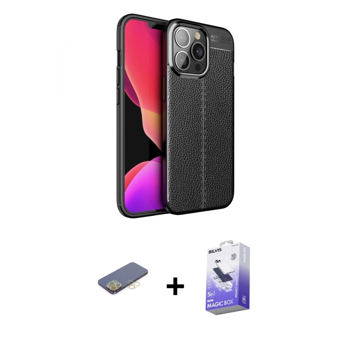MARSİLYAN™- iPhone 13 Pro Max Kılıf Doruk Klasik Özel Seri - Siyah Bilvis 5in1 5D Magic Hayalet Cam Ekran Koruyucu + Renkli Kamera Lens Koruma Cam - SI