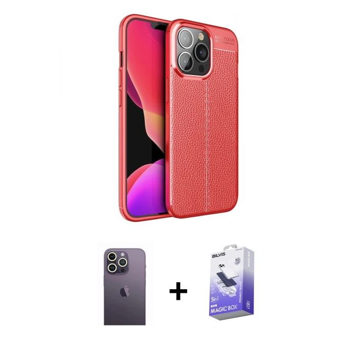 MARSİLYAN™- iPhone 13 Pro Max Kılıf Doruk Klasik Özel Seri - Siyah Bilvis 5in1 5D Magic Hayalet Cam Ekran Koruyucu + Beyaz Neon Fosforlu Kamera Lens