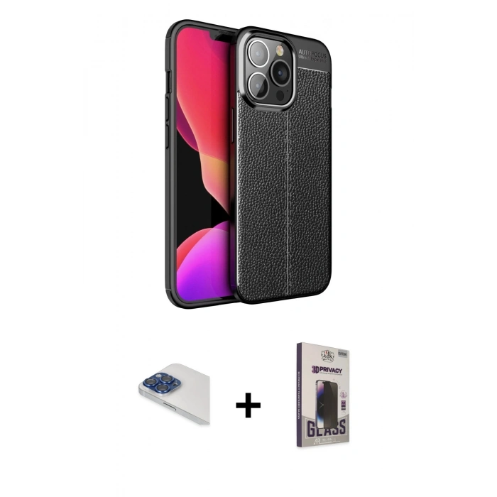 MARSİLYAN™- iPhone 13 Pro Max Kılıf Doruk Klasik Özel Seri - Siyah Bilvis Hayalet Cam Ekran Koruyucu + Pers Alüminyum Kamera Lens - LT
