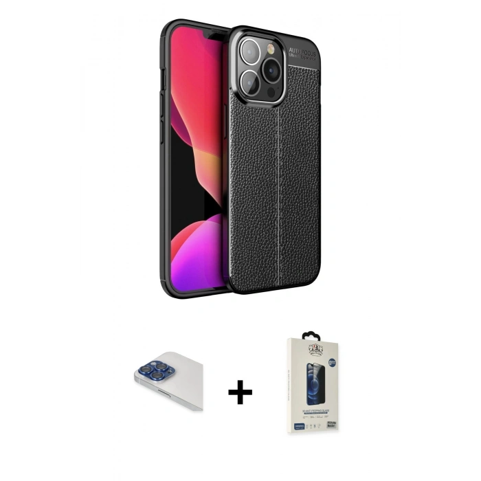 MARSİLYAN™- iPhone 13 Pro Max Kılıf Doruk Klasik Özel Seri - Siyah Bilvis Hayalet Cam Ekran Koruyucu + Pers Alüminyum Kamera Lens - LT